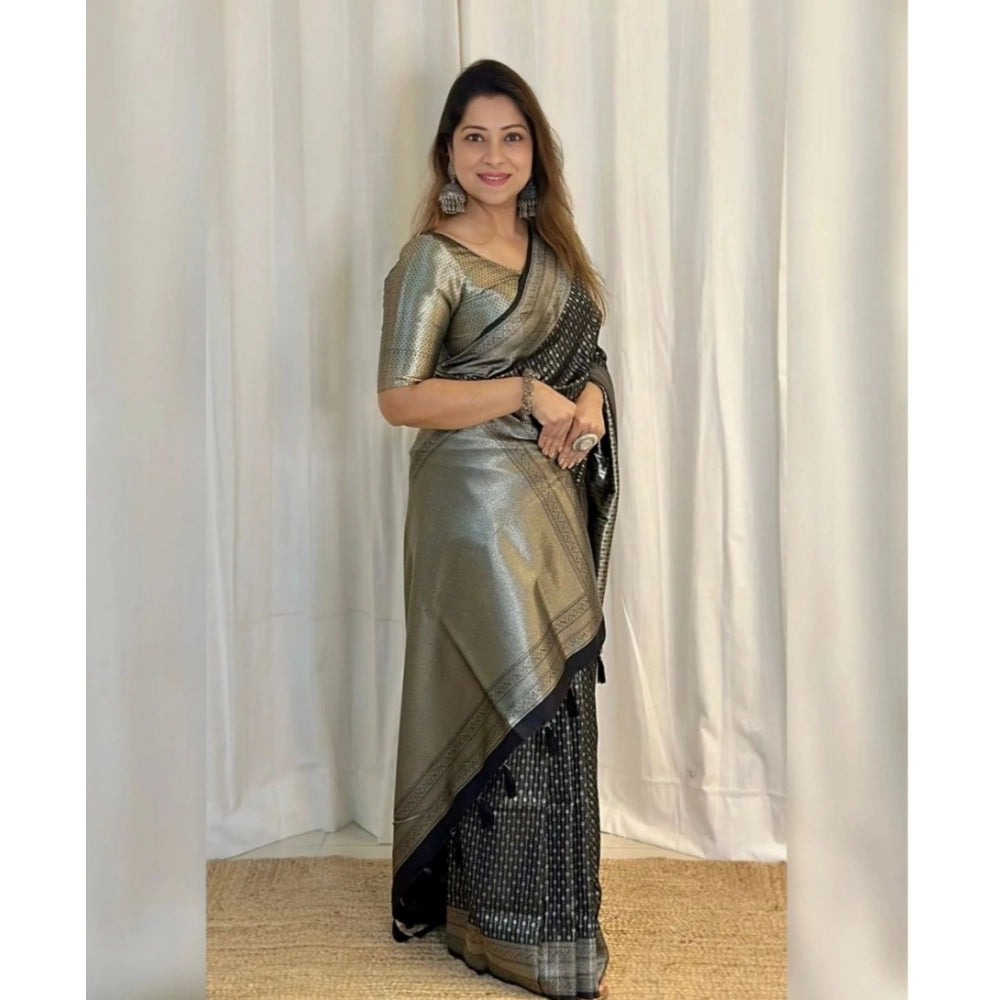 Women's Silk Printed Saree With Unstitched Blouse 5.5 Mtr (Black)