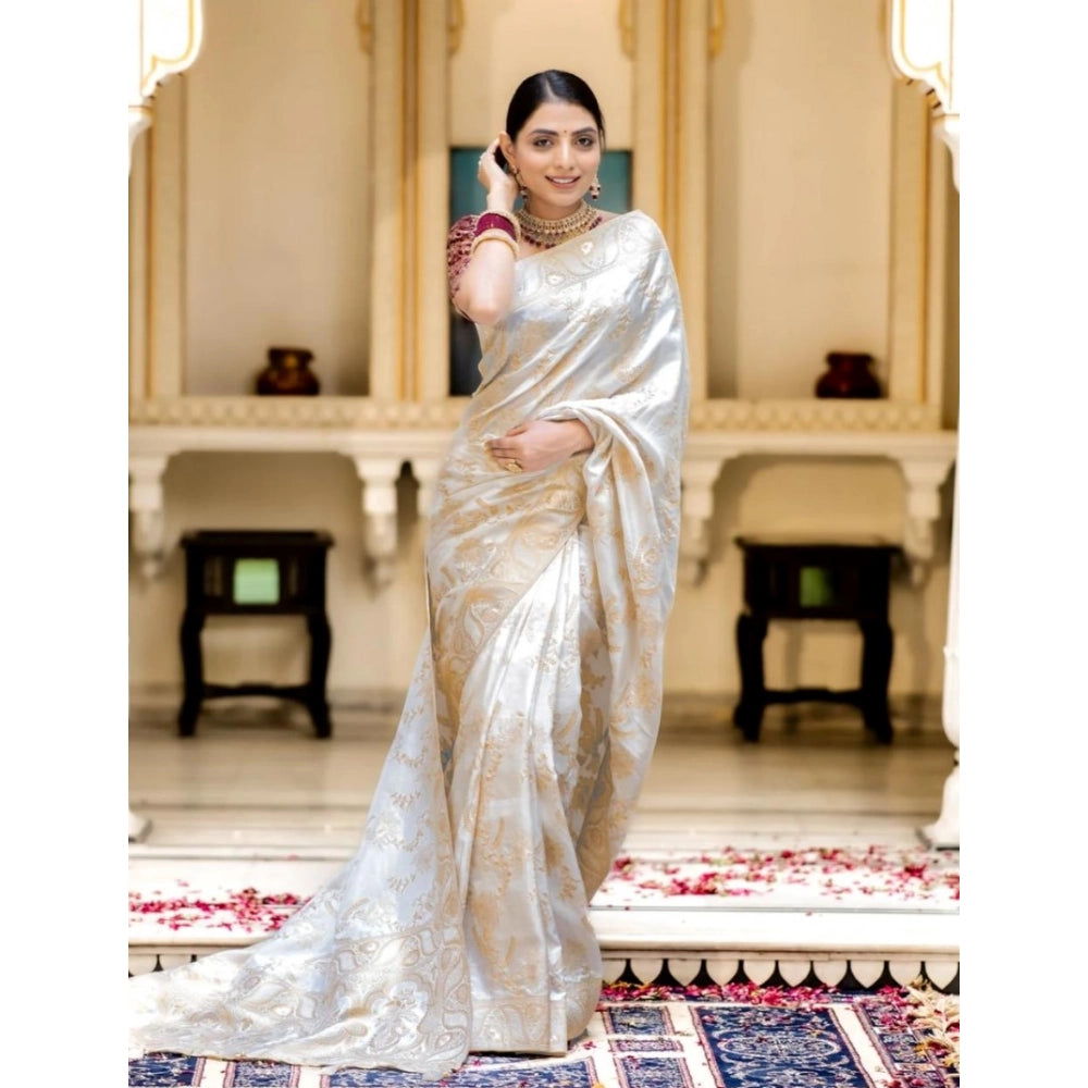 Women's Silk Printed Saree With Unstitched Blouse 5.5 Mtr (White)