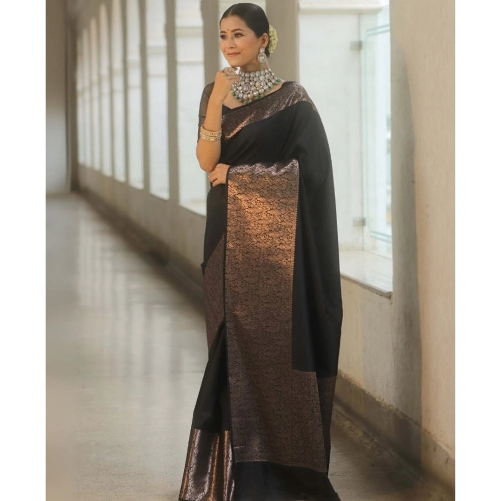 Women's Silk Printed Saree With Unstitched Blouse 5.5 Mtr (Black)