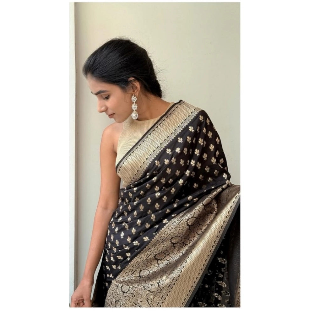 Women's Silk Printed Saree With Unstitched Blouse 5.5 Mtr (Black)