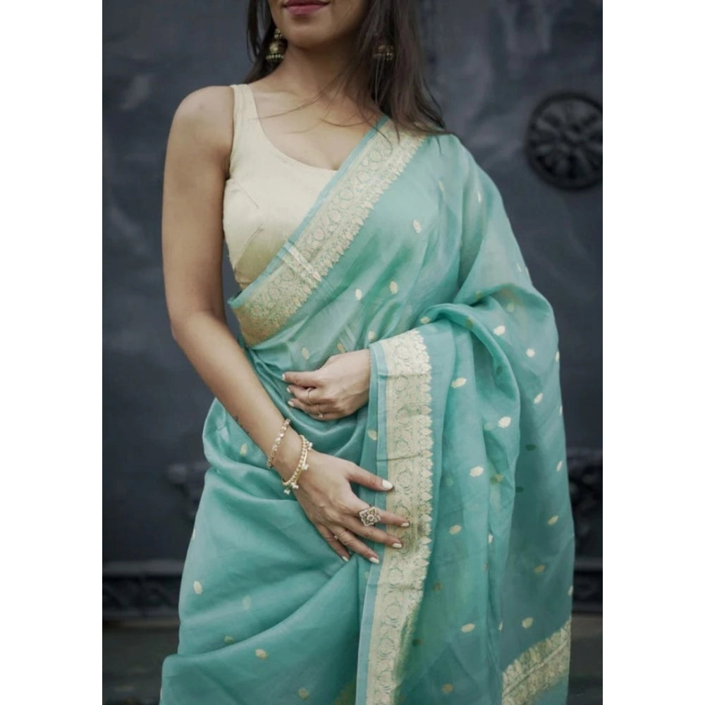 Women's Cotton Printed Saree With Unstitched Blouse 5.5 Mtr (Sky)
