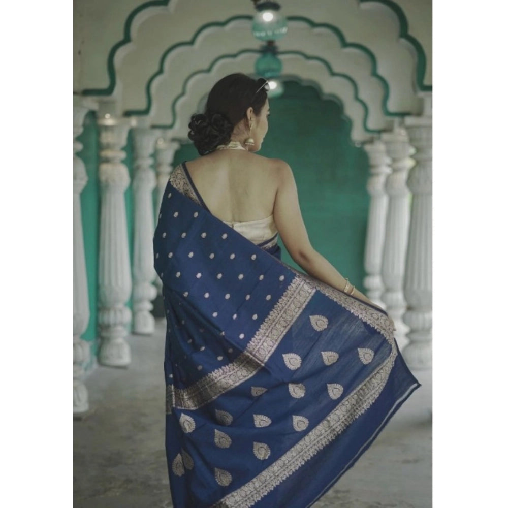 Women's Cotton Printed Saree With Unstitched Blouse 5.5 Mtr (Navy Blue)