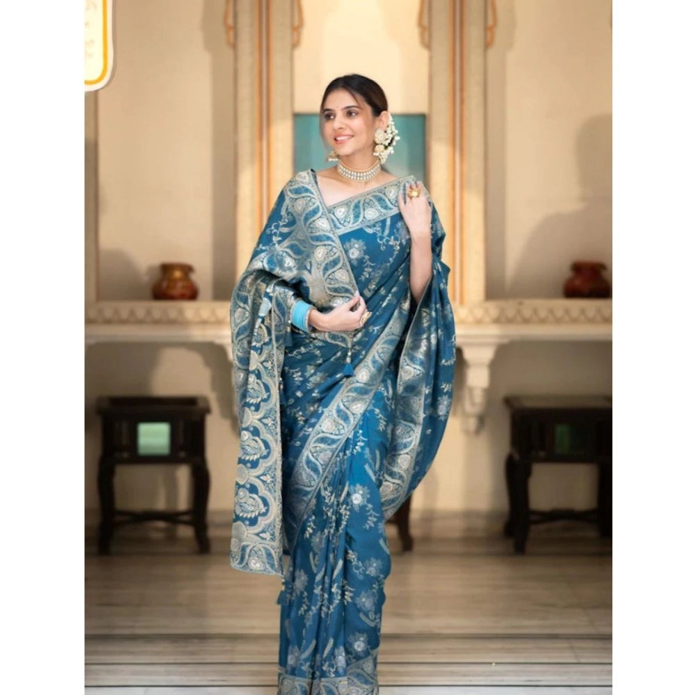 Women's Silk Printed Saree With Unstitched Blouse 5.5 Mtr (Teal Blue)