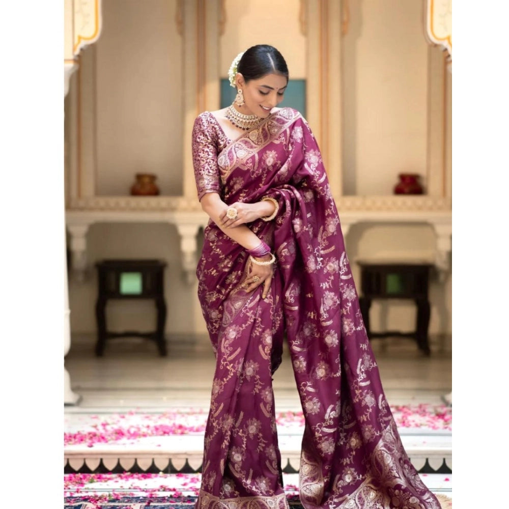 Women's Silk Printed Saree With Unstitched Blouse 5.5 Mtr (Wine)