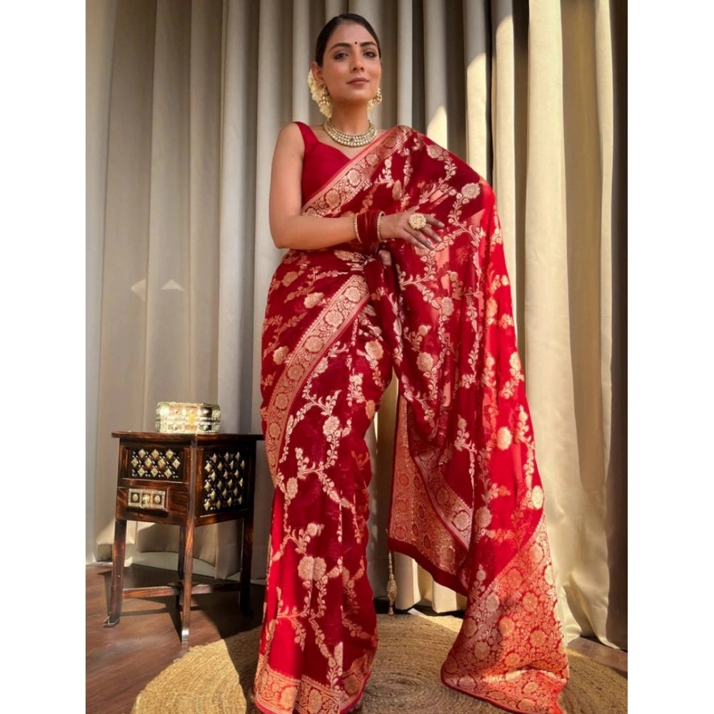 Women's Silk Printed Saree With Unstitched Blouse 5.5 Mtr (Red)