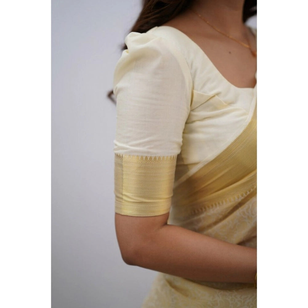 Women's Silk Printed Saree With Unstitched Blouse 5.5 Mtr (Cream)