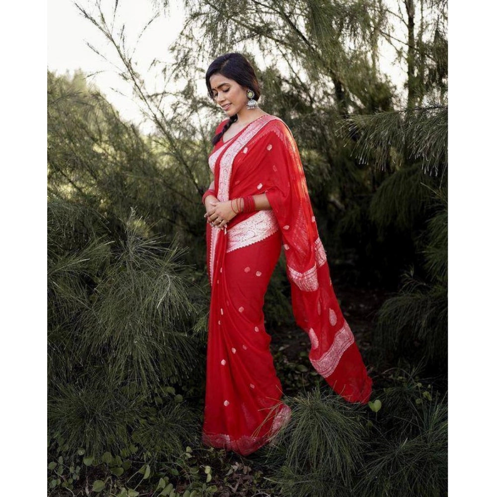 Women's Cotton Printed Saree With Unstitched Blouse 5.5 Mtr (Red)