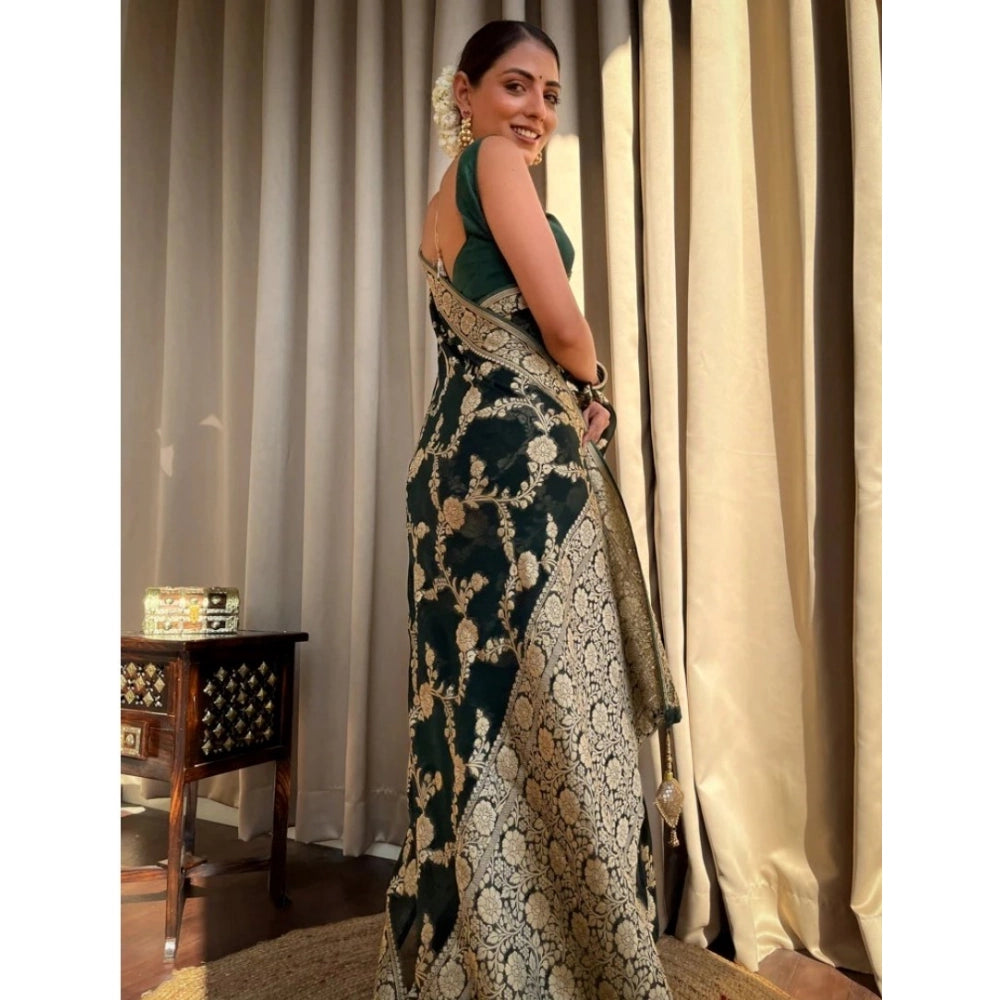 Women's Silk Printed Saree With Unstitched Blouse 5.5 Mtr (Dark Green)