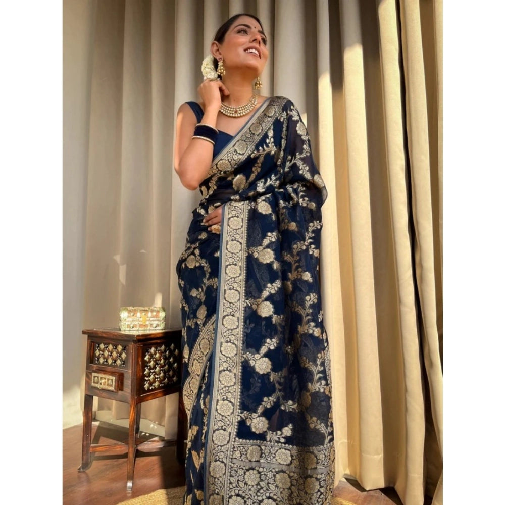 Women's Silk Printed Saree With Unstitched Blouse 5.5 Mtr (Dark Blue)