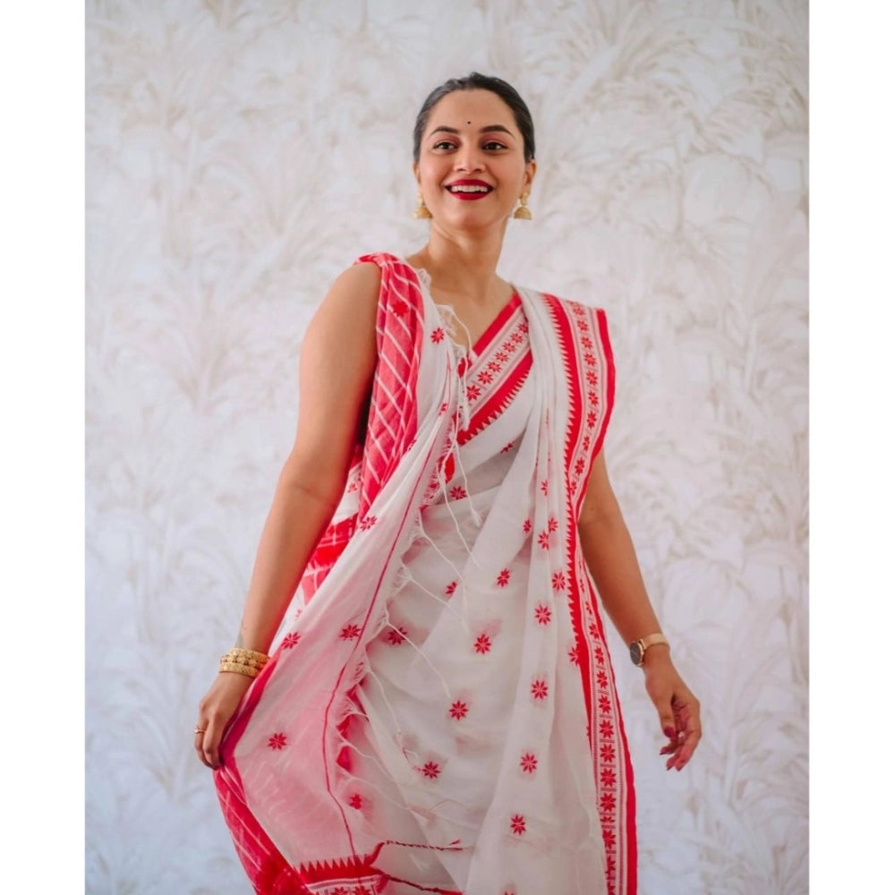 Women's Cotton Printed Saree With Unstitched Blouse 5.5 Mtr (White-Pink)