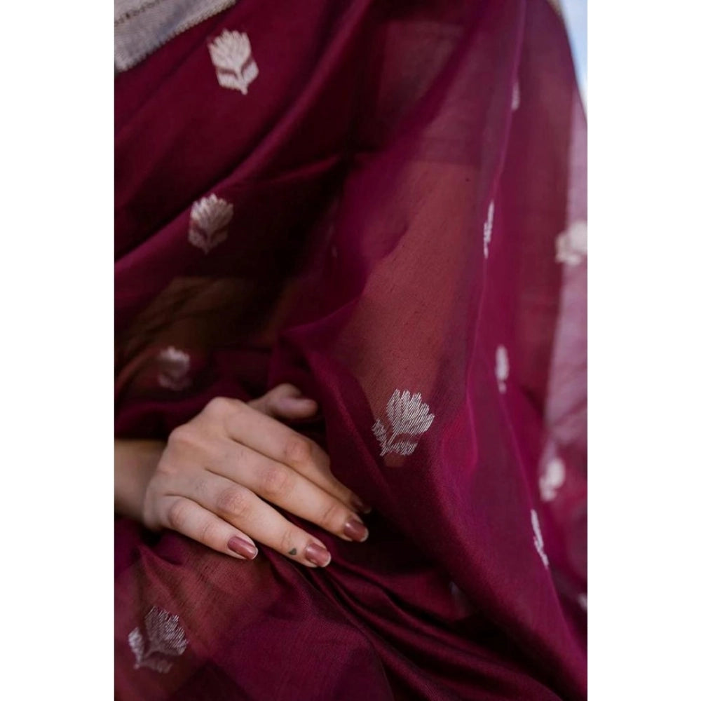 Women's Cotton Printed Saree With Unstitched Blouse 5.5 Mtr (Maroon)