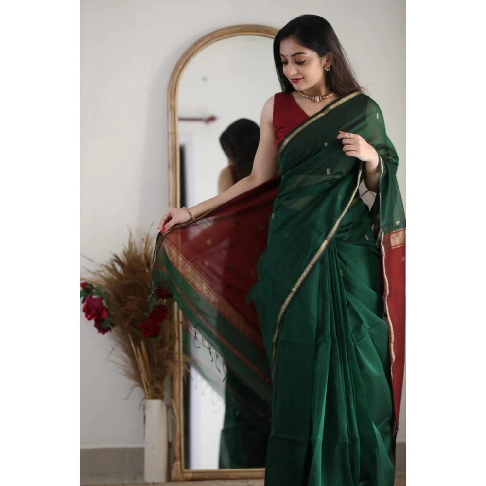 Women's Cotton Printed Saree With Unstitched Blouse 5.5 Mtr (Dark Green)