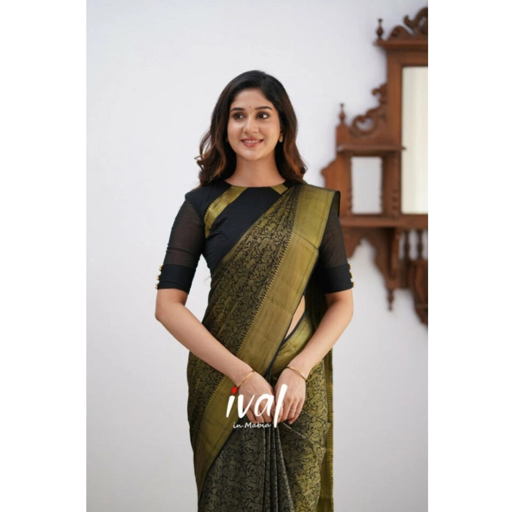 Women's Silk Printed Saree With Unstitched Blouse 5.5 Mtr (Black)