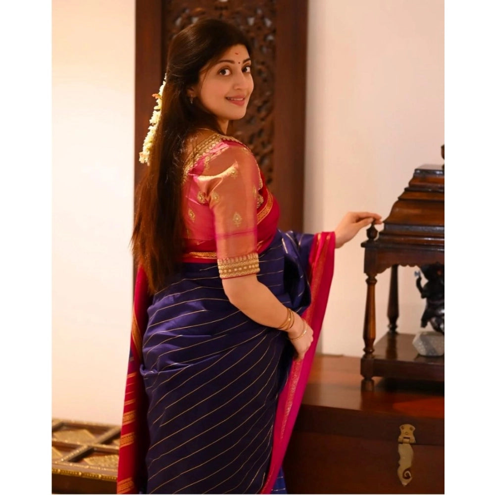 Women's Silk Printed Saree With Unstitched Blouse 5.5 Mtr (Navy Blue)