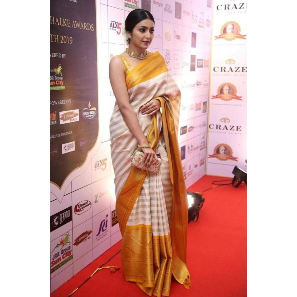 Women's Silk Printed Saree With Unstitched Blouse 5.5 Mtr (Off White-Yellow)