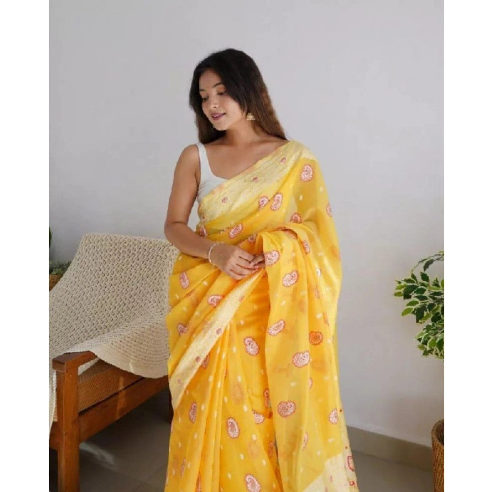 Women's Cotton Printed Saree With Unstitched Blouse 5.5 Mtr (Yellow)