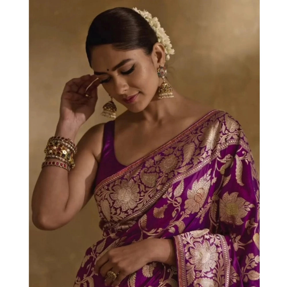 Women's Silk Printed Saree With Unstitched Blouse 5.5 Mtr (Purple)
