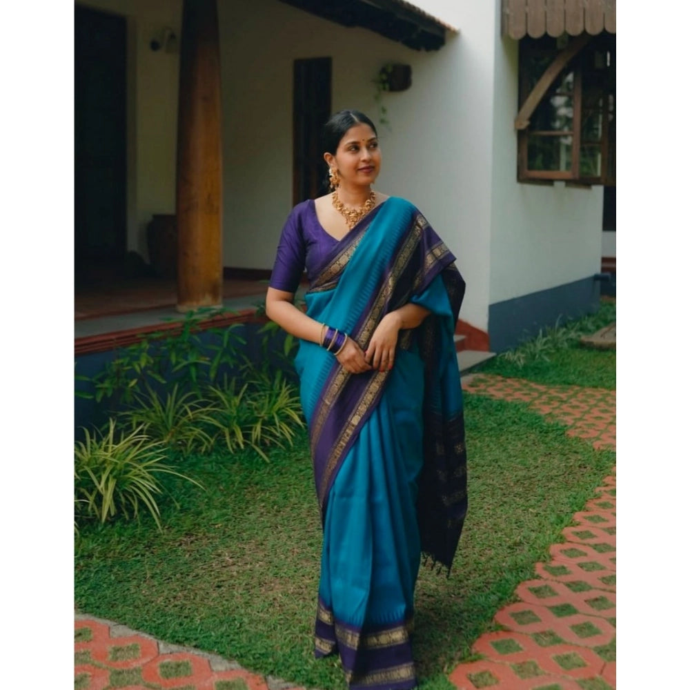 Women's Silk Printed Saree With Unstitched Blouse 5.5 Mtr (Blue)