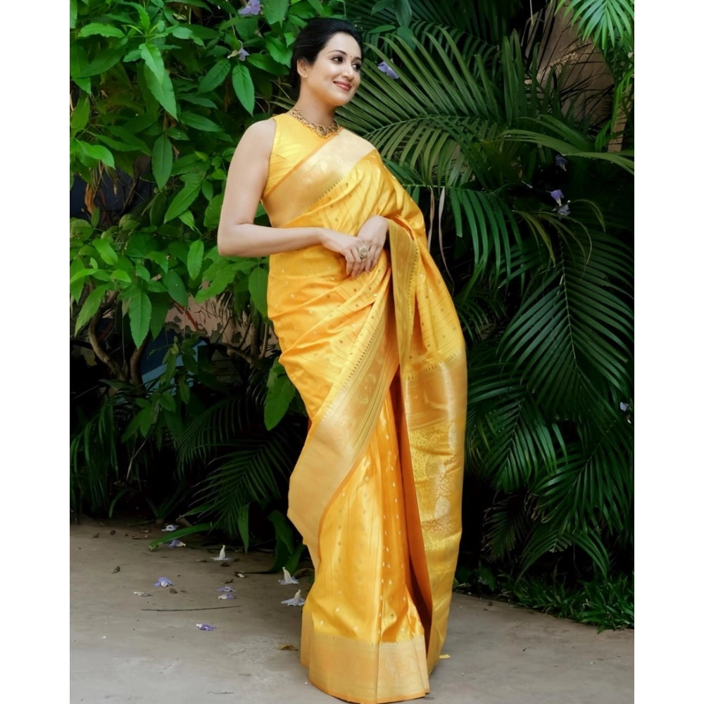 Women's Silk Printed Saree With Unstitched Blouse 5.5 Mtr (Yellow)