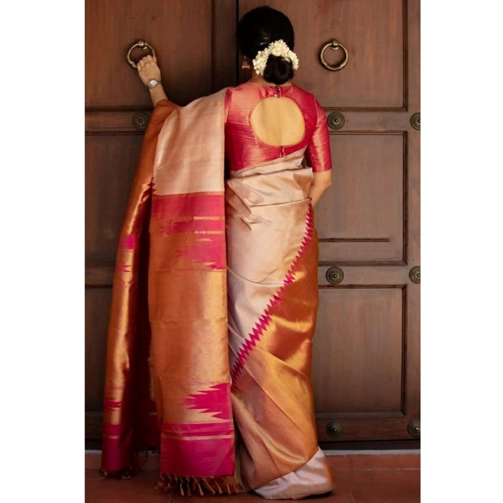 Women's Silk Printed Saree With Unstitched Blouse 5.5 Mtr (Cream)