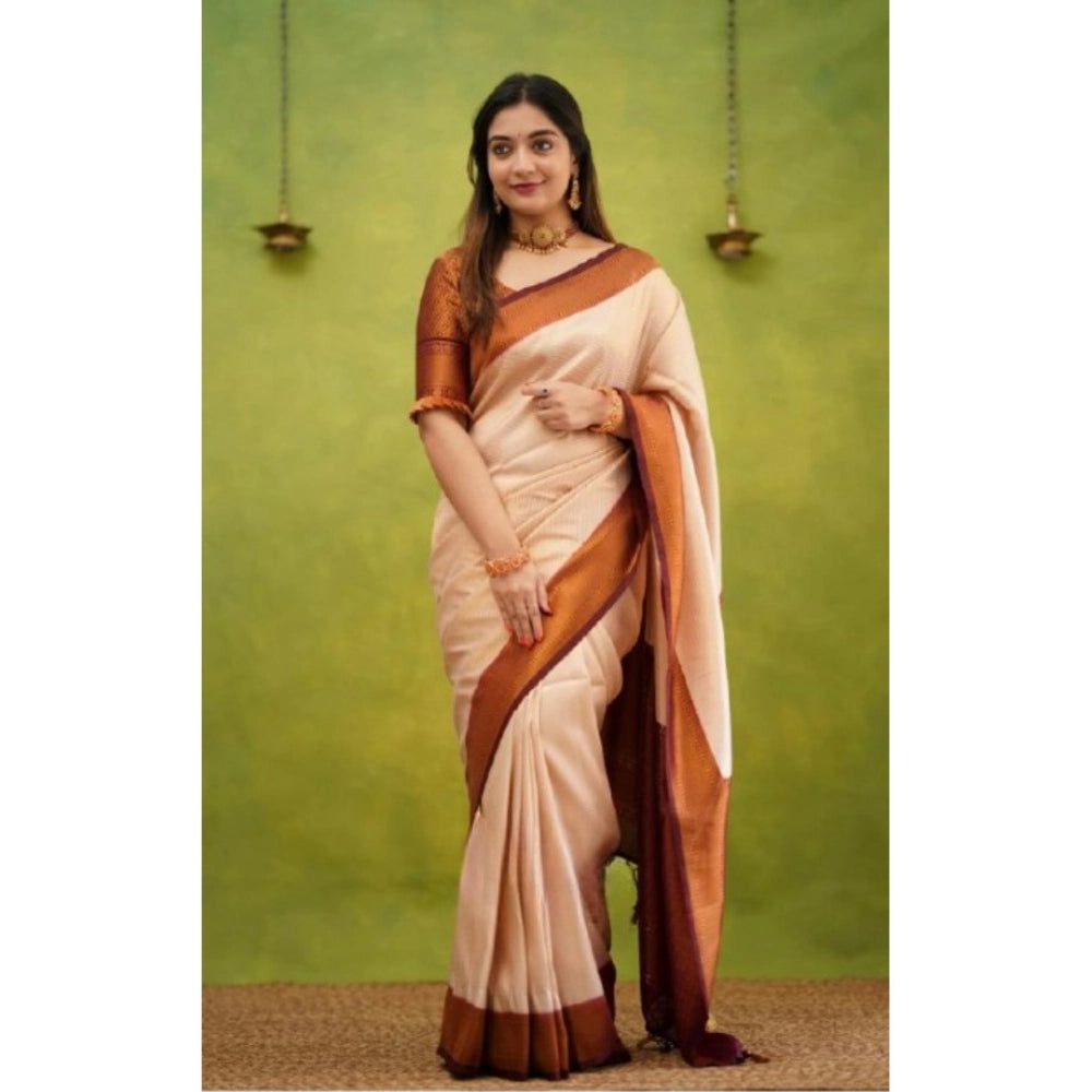 Women's Silk Printed Saree With Unstitched Blouse 5.5 Mtr (Cream)