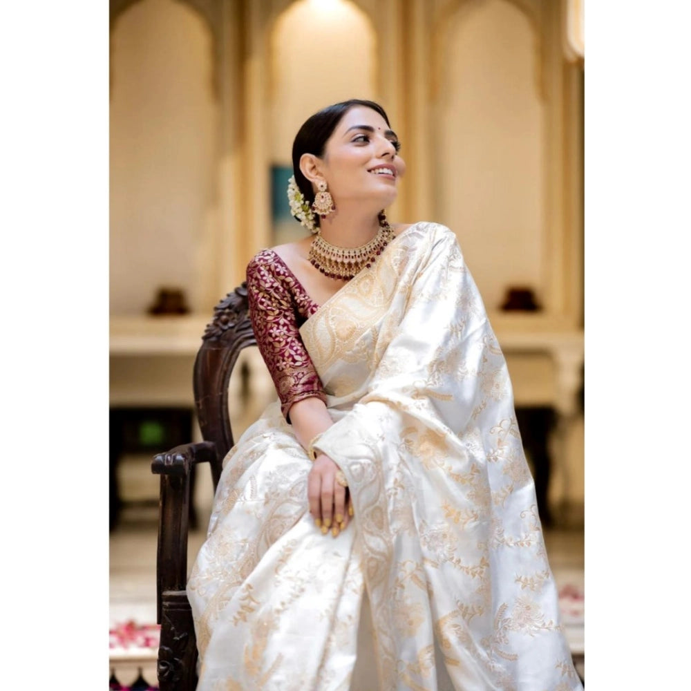 Women's Silk Printed Saree With Unstitched Blouse 5.5 Mtr (White)