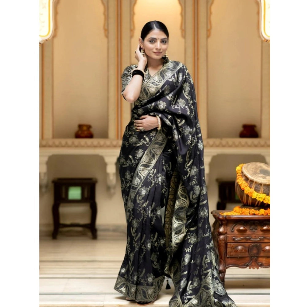 Women's Silk Printed Saree With Unstitched Blouse 5.5 Mtr (Black)