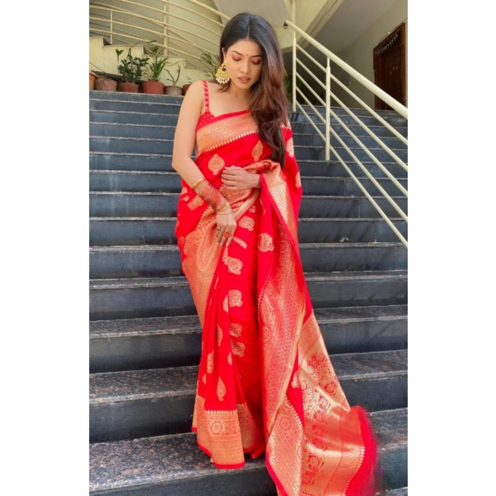 Women's Silk Printed Saree With Unstitched Blouse 5.5 Mtr (Red)