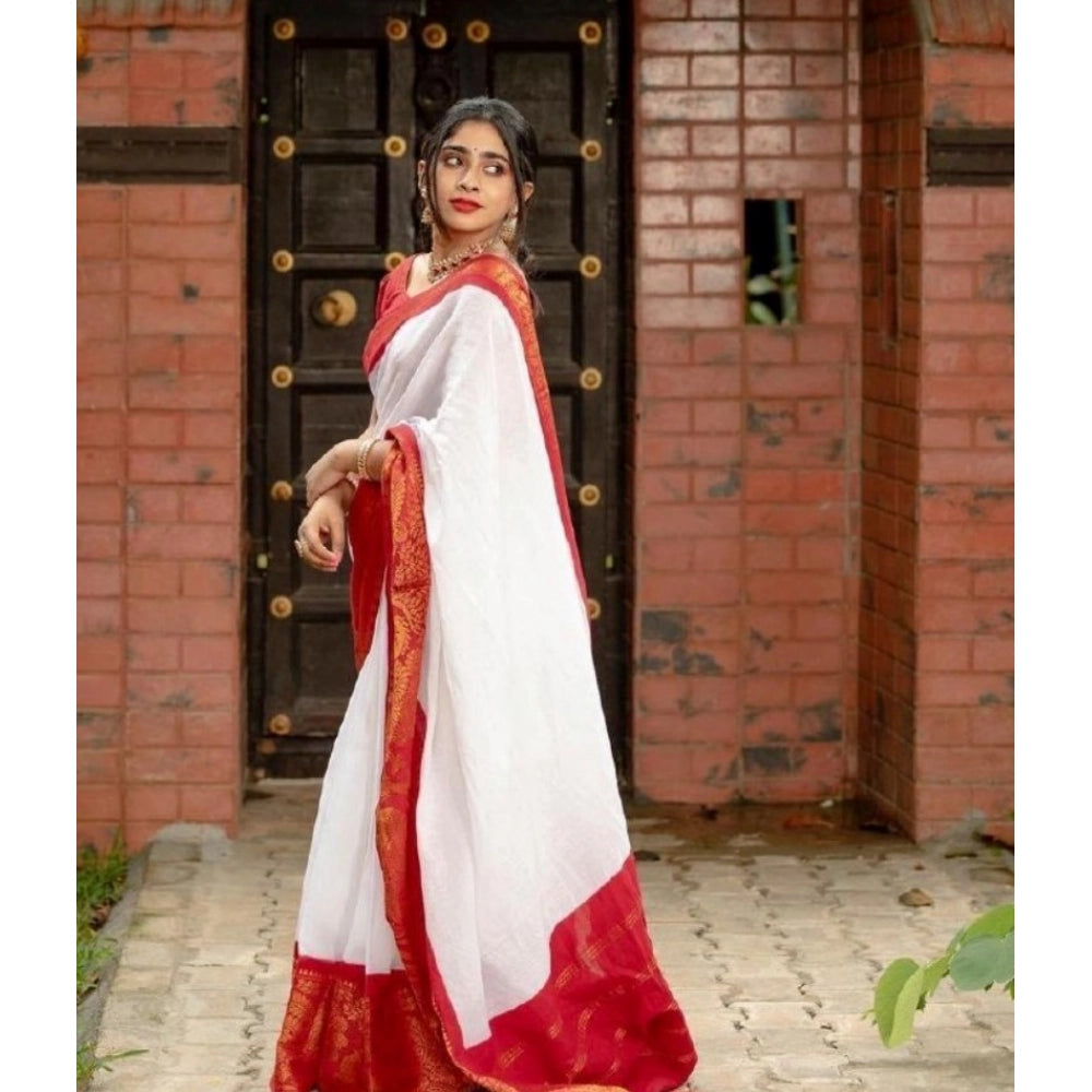 Women's Silk Printed Saree With Unstitched Blouse 5.5 Mtr (White)