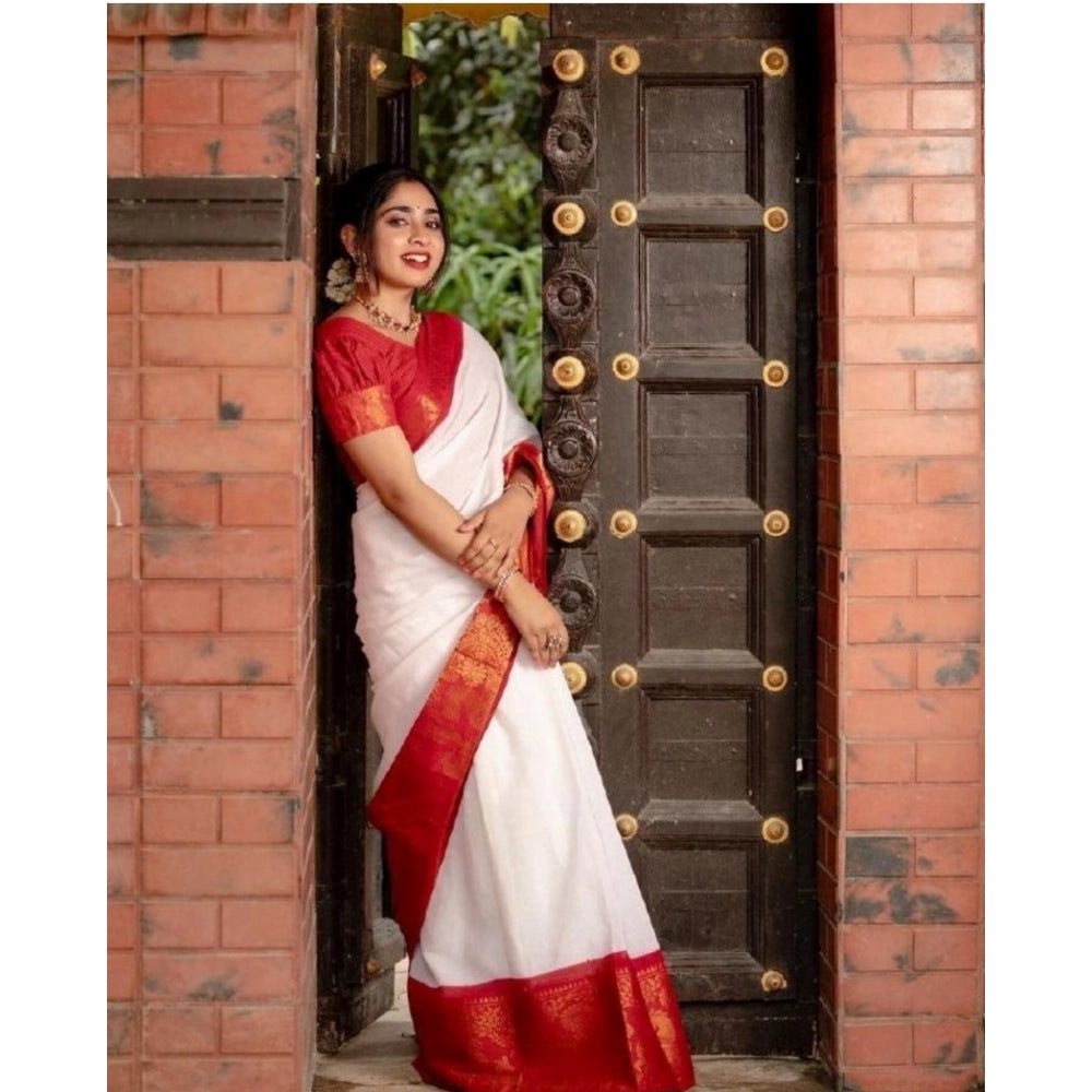 Women's Silk Printed Saree With Unstitched Blouse 5.5 Mtr (White)
