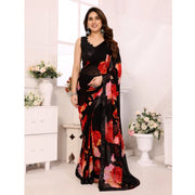 Women's Small Lace Georgette Printed Ready-to-Wear Saree With Unstitched Blouse 5.5 Mtr (Black-Red)