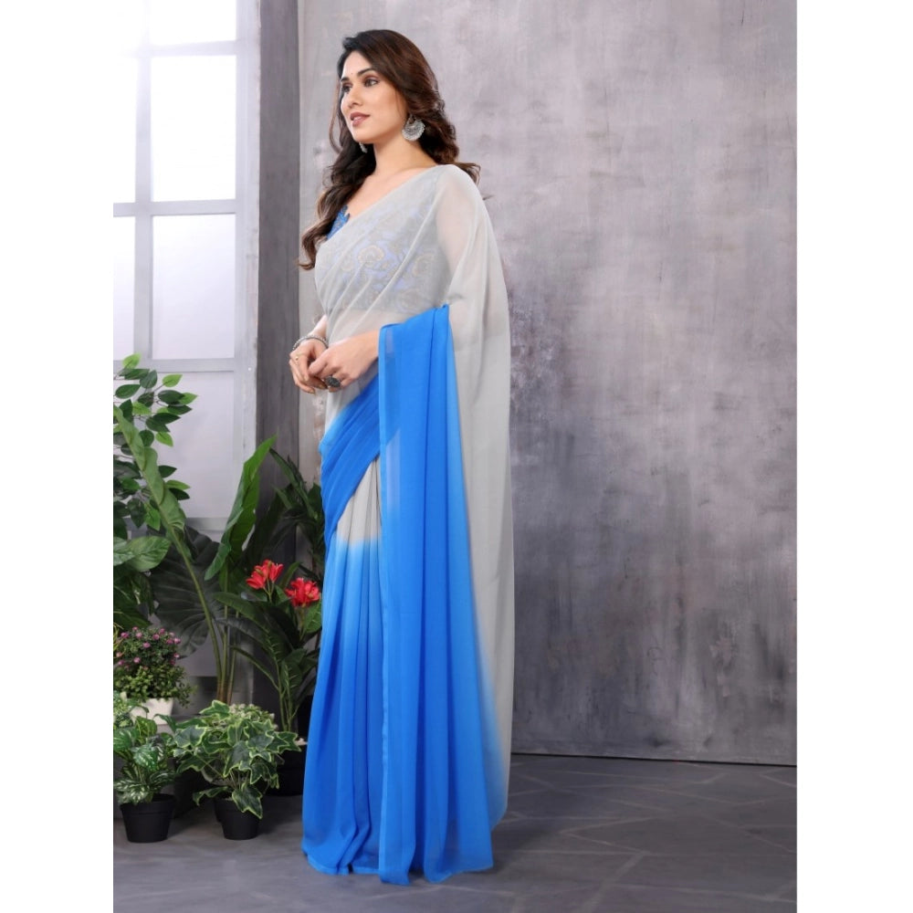 Women's Small Lace Georgette Solid Ready-to-Wear Saree With Unstitched Blouse 5.5 Mtr (Grey-Blue)