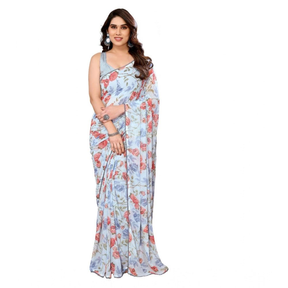 Women's Small Lace Georgette Printed Ready-to-Wear Saree With Unstitched Blouse 5.5 Mtr (Sky Blue)