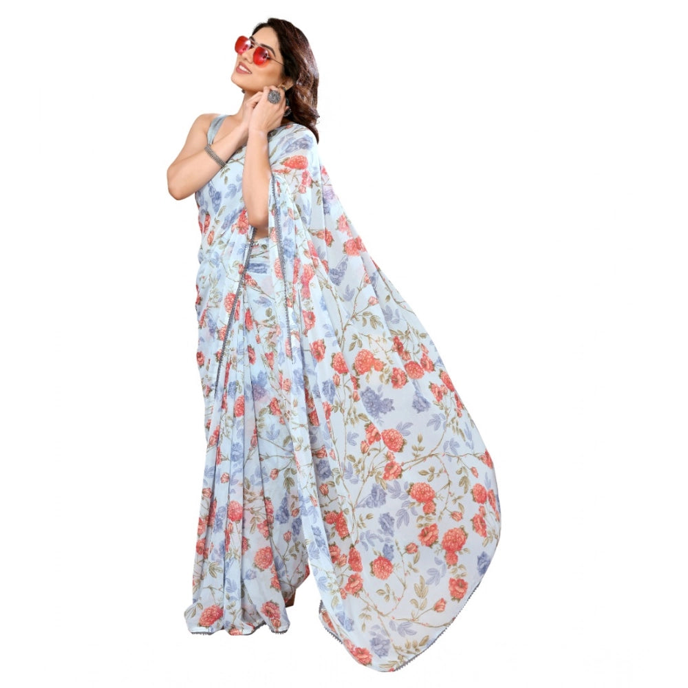 Women's Small Lace Georgette Printed Ready-to-Wear Saree With Unstitched Blouse 5.5 Mtr (Sky Blue)