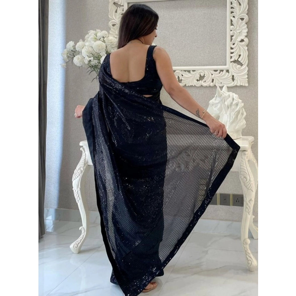 Women's Georgette Embellished Sequnece Bollywood Saree With Unstitched Blouse 5.5 Mtr (Black)