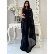 Women's Georgette Embellished Sequnece Bollywood Saree With Unstitched Blouse 5.5 Mtr (Black)