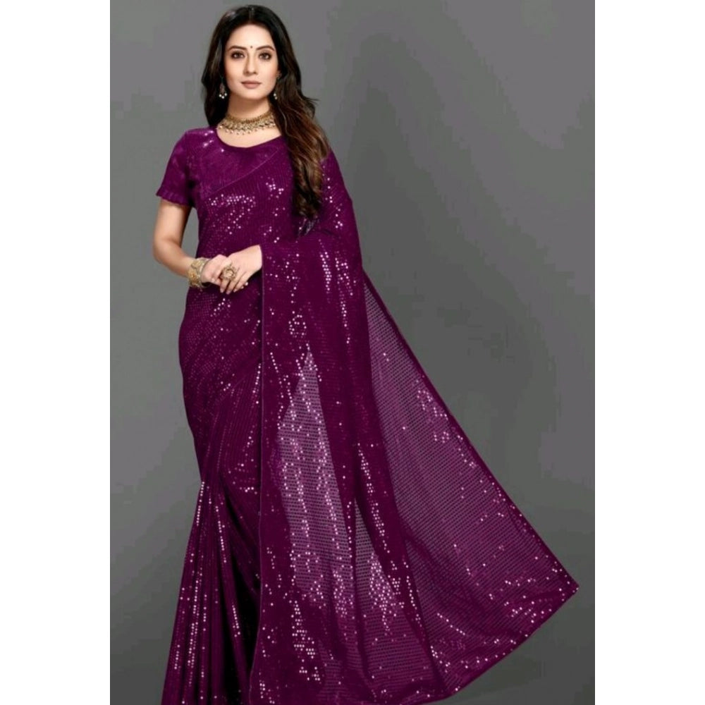 Women's Georgette Embellished Sequnece Bollywood Saree With Unstitched Blouse 5.5 Mtr (Purple)