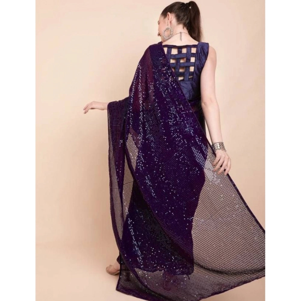 Women's Georgette Embellished Sequnece Bollywood Saree With Unstitched Blouse 5.5 Mtr (Purple)