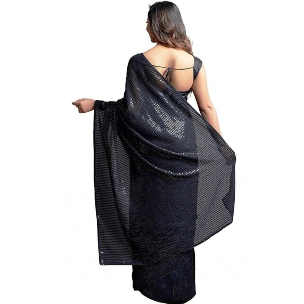 Women's Georgette Embellished Sequnece Bollywood Saree With Unstitched Blouse 5.5 Mtr (Black)