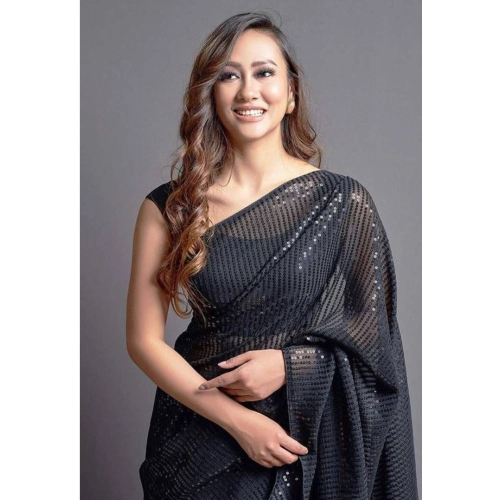 Women's Georgette Embellished Sequnece Bollywood Saree With Unstitched Blouse 5.5 Mtr (Black)