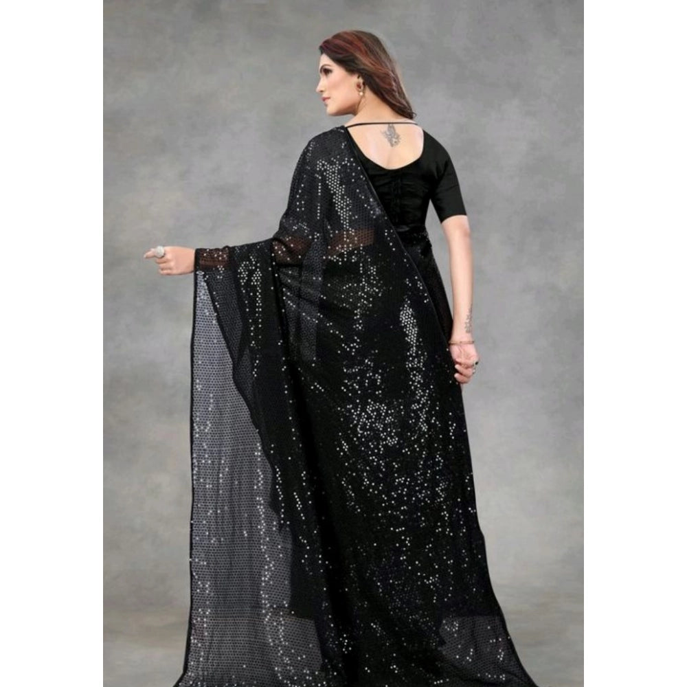 Women's Georgette Embellished Sequnece Bollywood Saree With Unstitched Blouse 5.5 Mtr (Black)