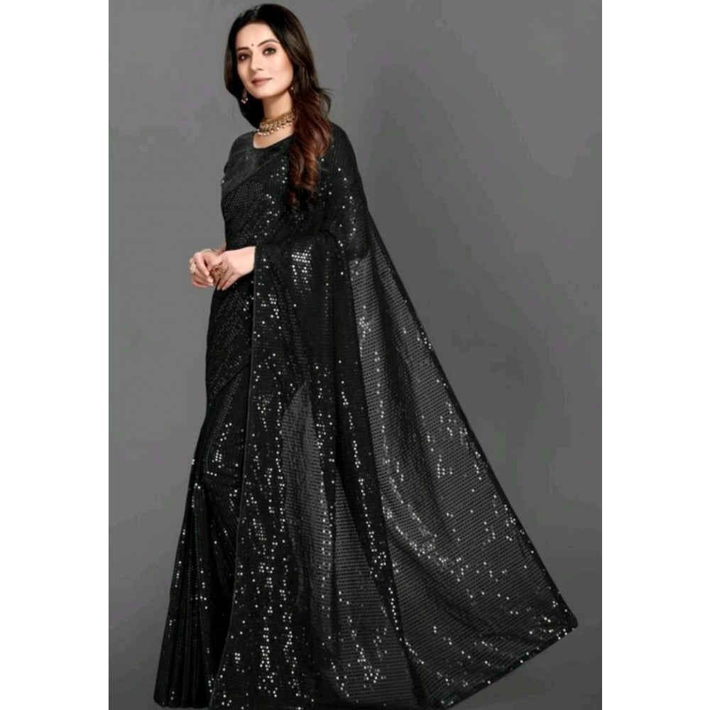 Women's Georgette Embellished Sequnece Bollywood Saree With Unstitched Blouse 5.5 Mtr (Black)