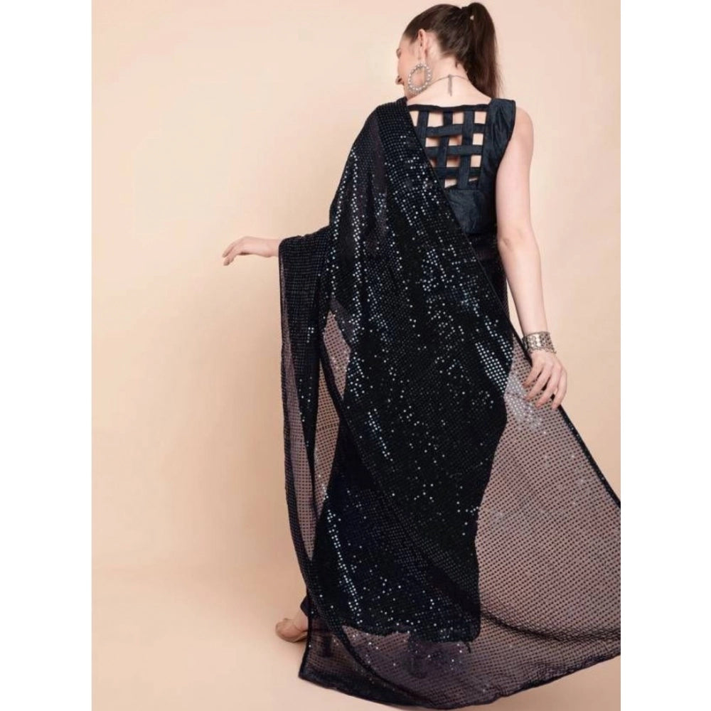 Women's Georgette Embellished Sequnece Bollywood Saree With Unstitched Blouse 5.5 Mtr (Black)