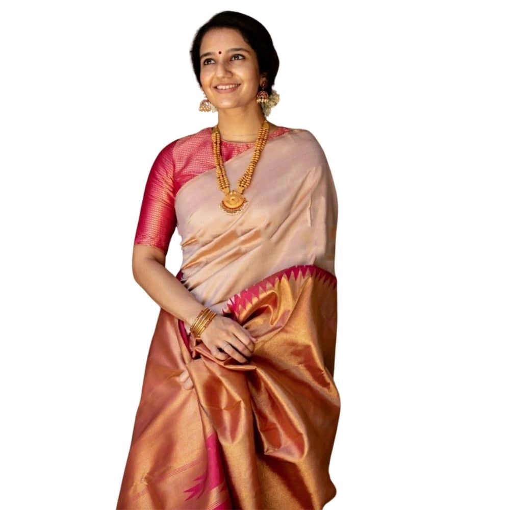Women's Silk Printed Saree With Unstitched Blouse 5.5 Mtr (Cream)