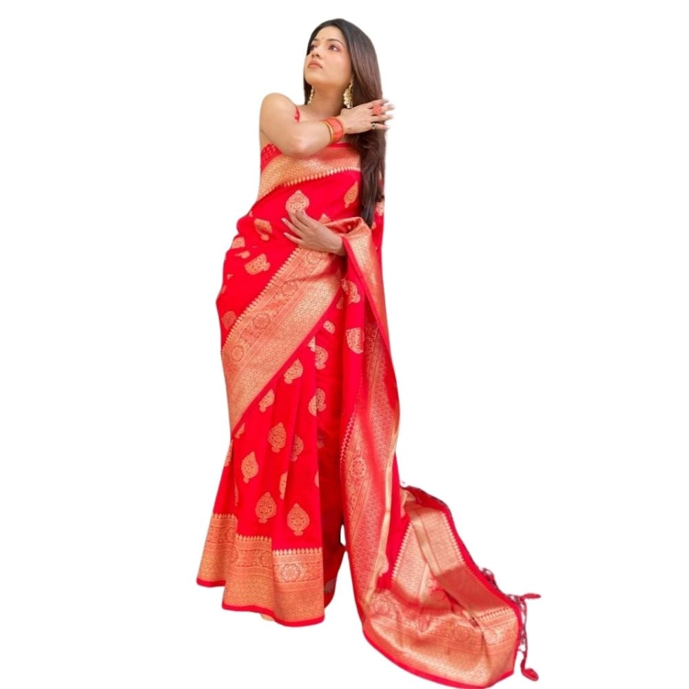 Women's Silk Printed Saree With Unstitched Blouse 5.5 Mtr (Red)
