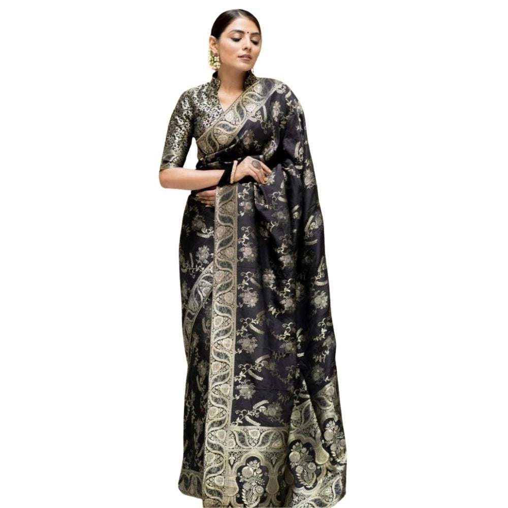 Women's Silk Printed Saree With Unstitched Blouse 5.5 Mtr (Black)