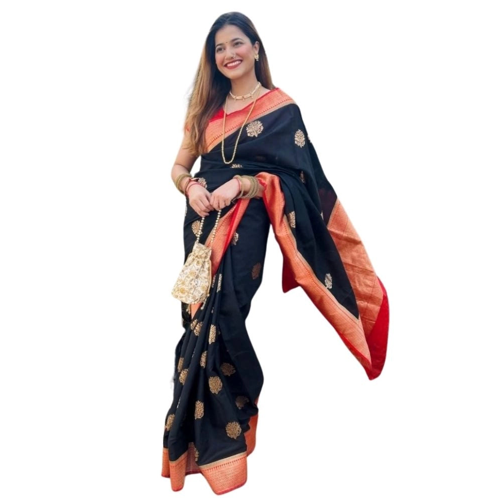 Women's Silk Printed Saree With Unstitched Blouse 5.5 Mtr (Black-Red)