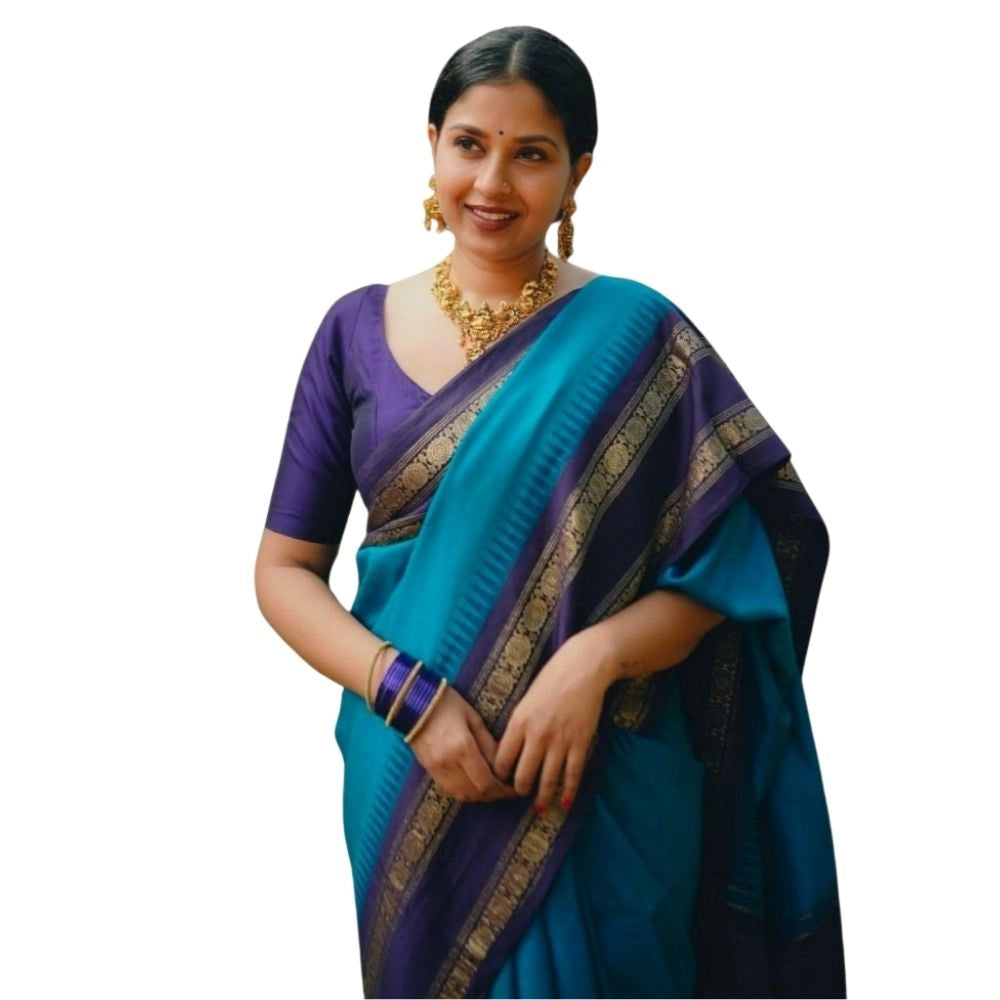 Women's Silk Printed Saree With Unstitched Blouse 5.5 Mtr (Blue)