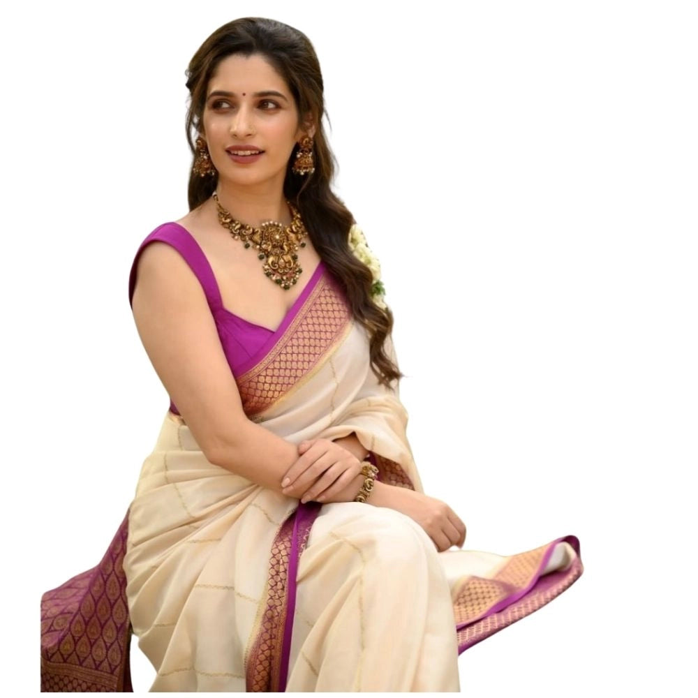 Women's Silk Printed Saree With Unstitched Blouse 5.5 Mtr (Off White-Pink)