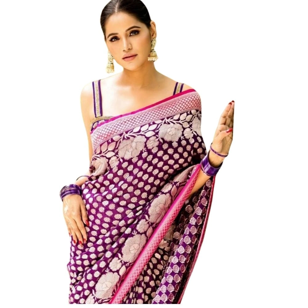 Women's Silk Printed Saree With Unstitched Blouse 5.5 Mtr (Purple)